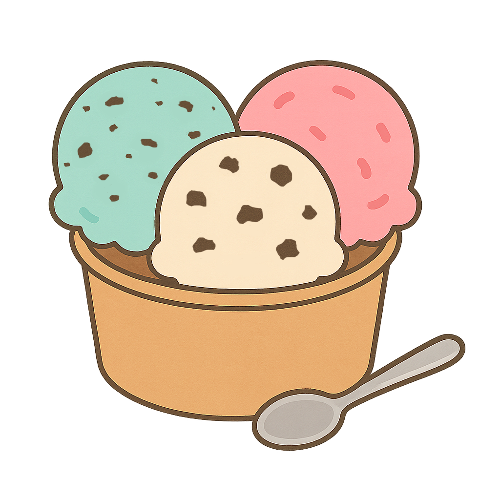 カップに入ったアイスクリーム（チョコミント、ストロベリー、クッキー＆クリーム）