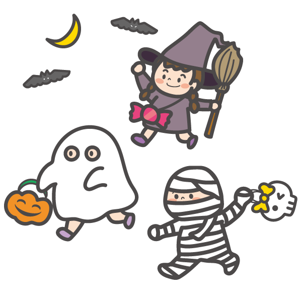 ハロウィンの仮装をしている子どもたち（魔女・おばけ・ミイラ男）