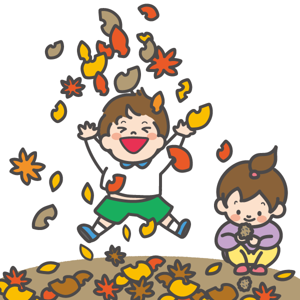 木の実や落ち葉で遊ぶ子どもたち（葉っぱ投げ・木の実拾い）