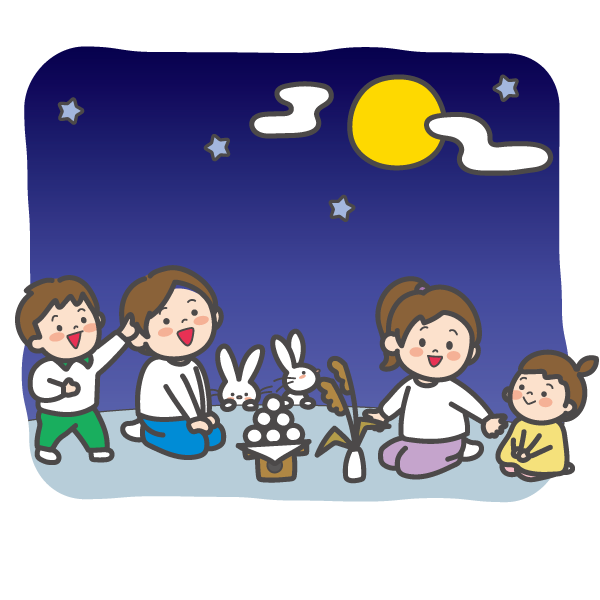 お月見をする兄弟姉妹とうさぎ