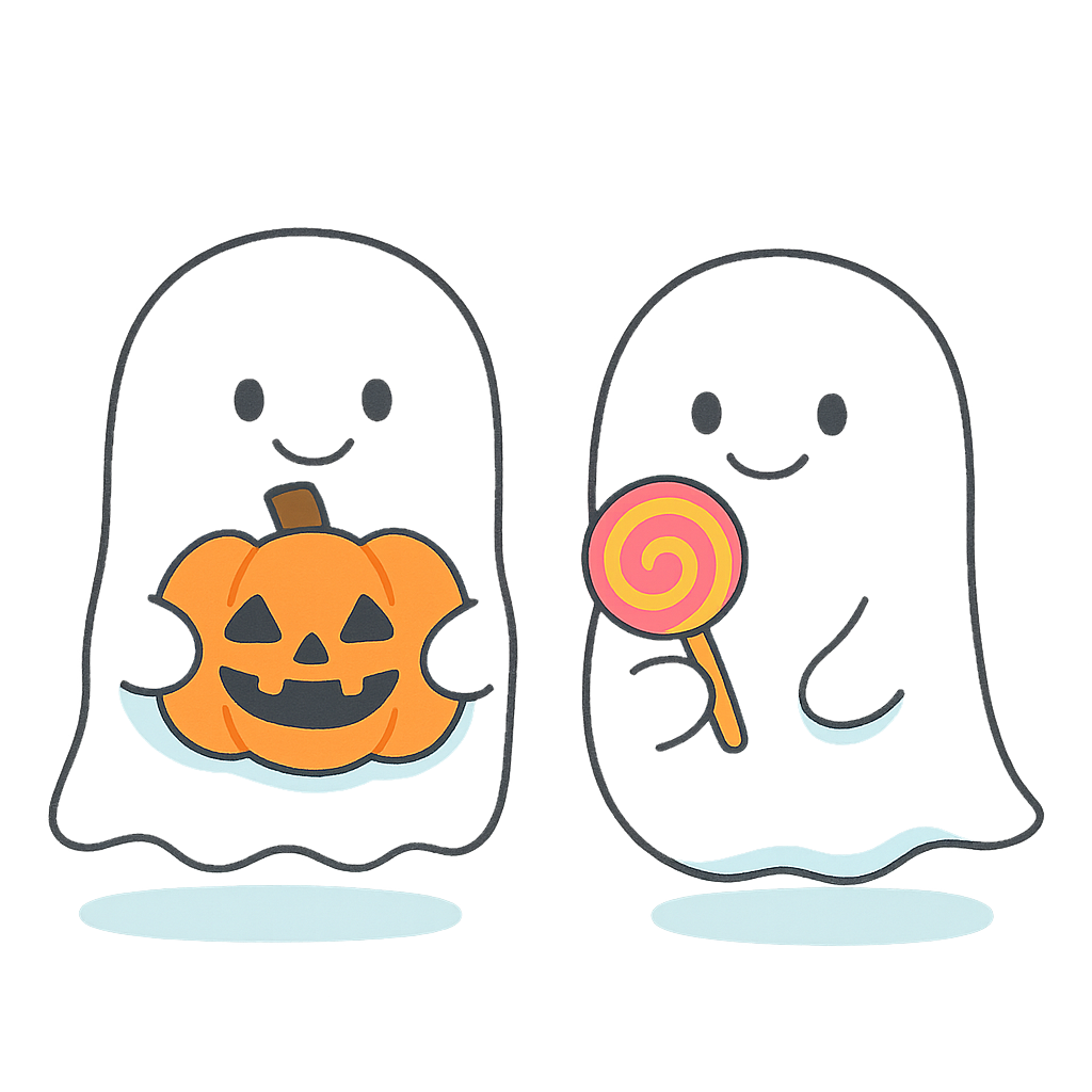 かぼちゃとキャンディを持ったおばけ（ハロウィン素材）