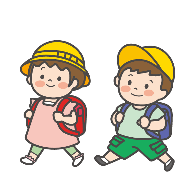 ランドセルで登校する小学生（男の子と女の子）