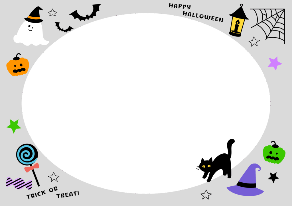 ハロウィンの飾り枠・フレーム素材（おばけ・キャンディ・黒猫のかわいいグレーの枠）