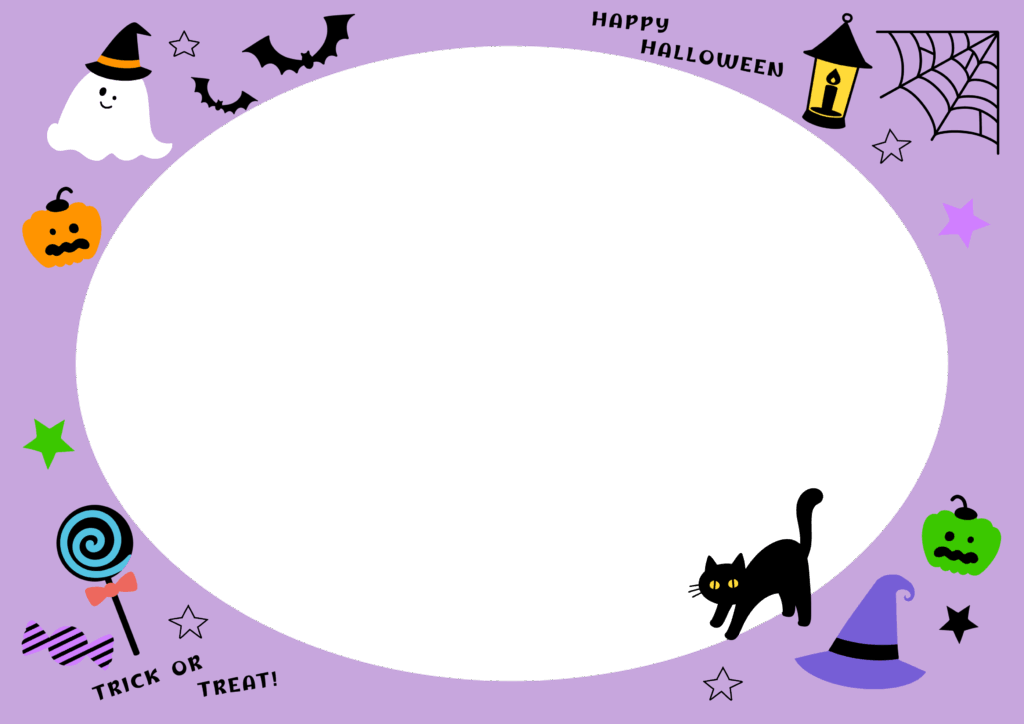 ハロウィンの飾り枠・フレーム素材（おばけ・キャンディ・黒猫のかわいい紫の枠）